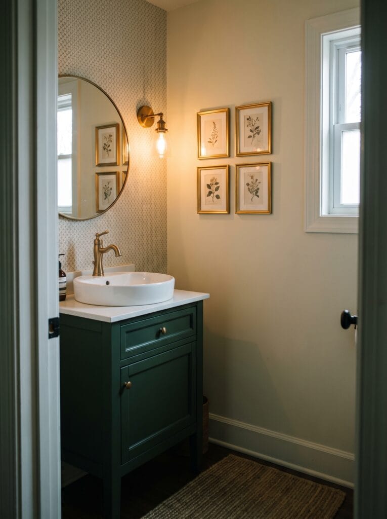 Four small gold framed botanical prints in a two by two block in a green powder room