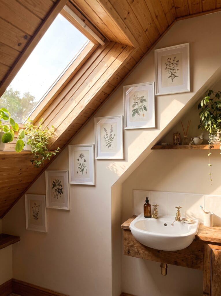 White framed botanical prints stepping down the slope of an attic bathroom ceiling