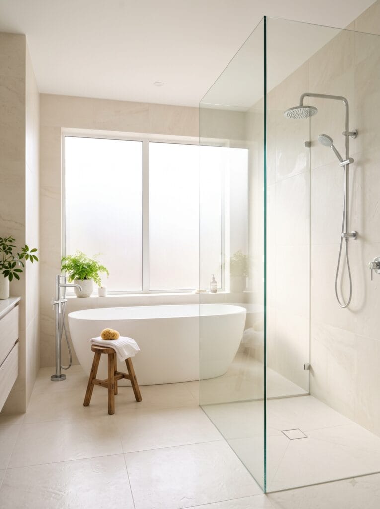 A bright white bathroom with a fully clear frameless glass shower panel and a large obscured window behind a freestanding tub, throwing diffused daylight across the room.