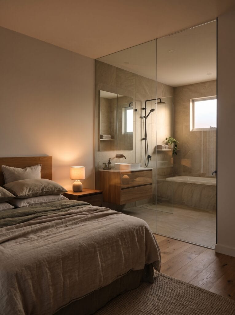 A floor-to-ceiling clear glass partition between a warm bedroom with linen bedding and an ensuite bathroom with a stone tiled shower, vanity and tub, lit by a bedside lamp at dusk.