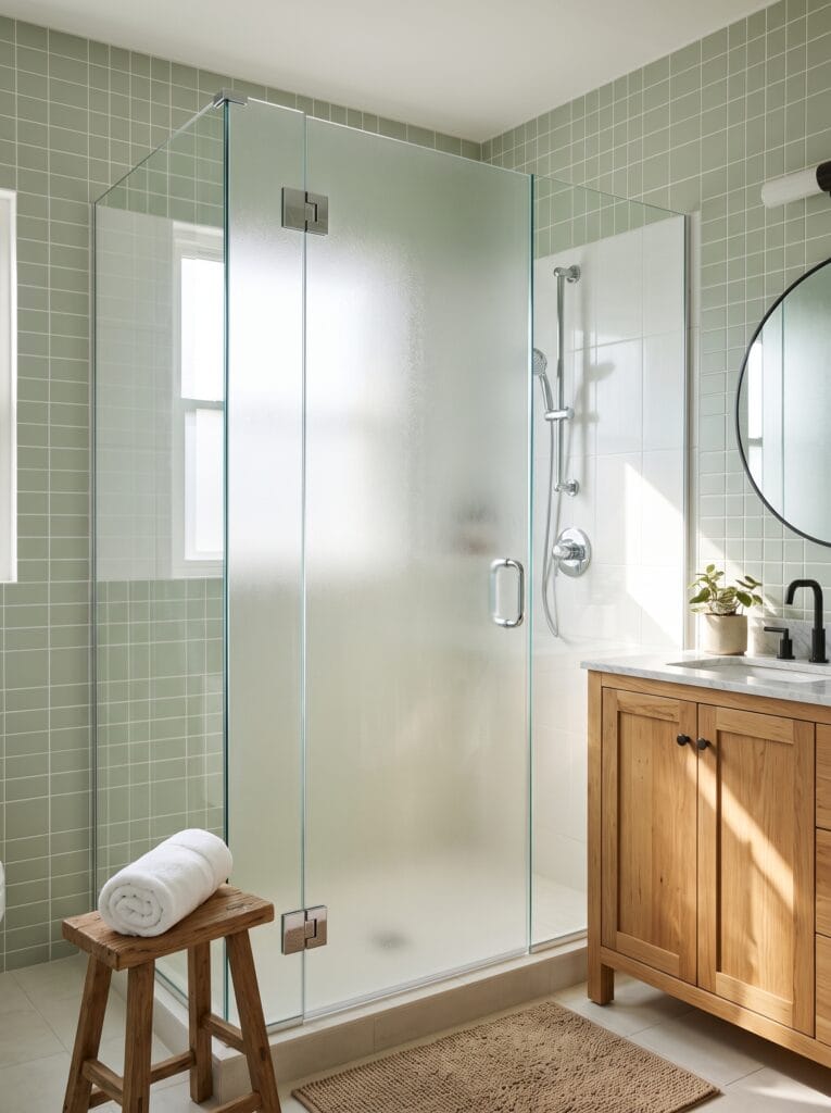 A shower enclosure in a sage green tiled bathroom where the hinged door leaf carries an obscured texture while the return panels stay clear, beside an oak vanity with a marble top.