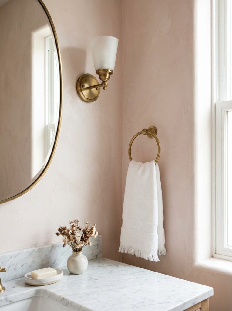 Brass towel ring mounted directly below a brass wall sconce beside an oval mirror with a fringed white towel
