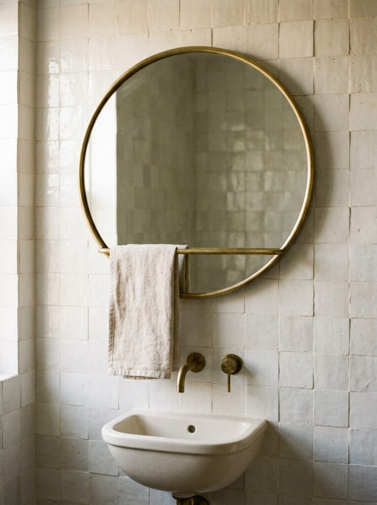 Round brass mirror with an integrated towel bar above a small wall-hung basin on white zellige tile