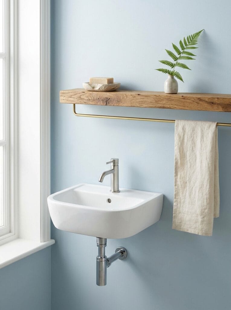 Reclaimed wood shelf with a brass rail underneath holding a linen towel above a small wall-hung sink