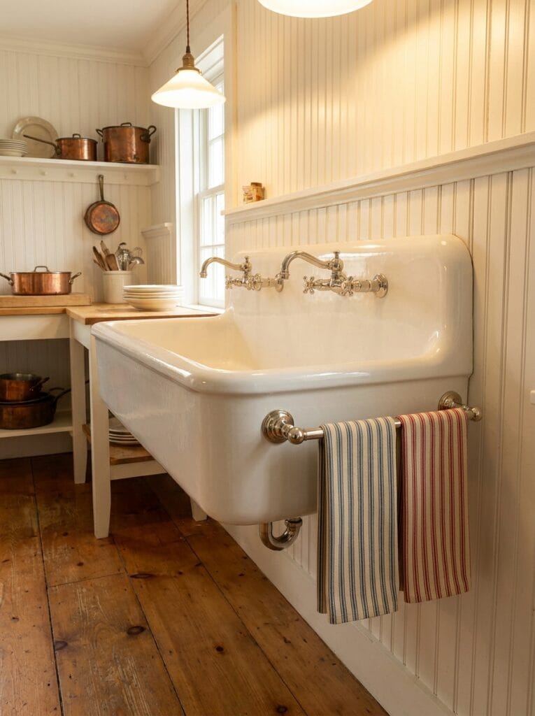 Polished nickel towel bar across the front of a white fireclay trough sink with two ticking stripe towels