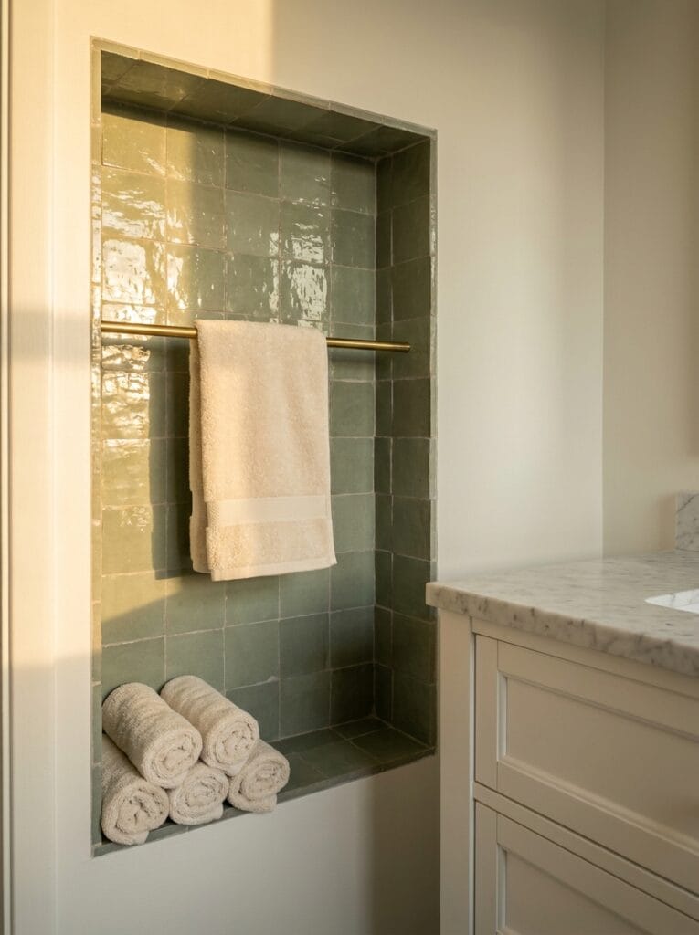 Recessed niche lined in sage green zellige with a brass rod holding a cream towel and rolled washcloths below