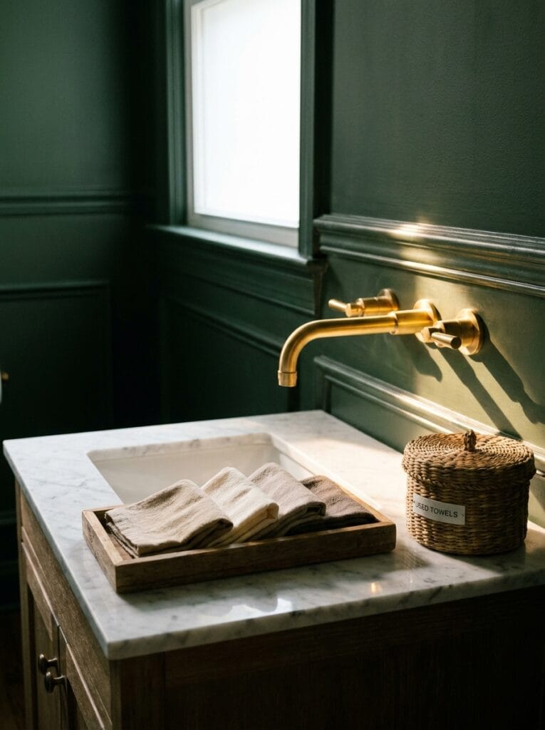 Wooden tray of folded linen fingertip towels on a marble vanity with a lidded basket for used towels