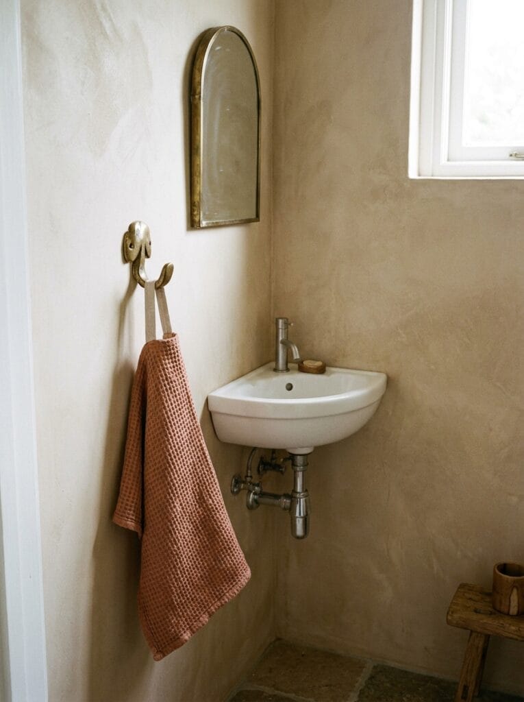 Brass hook on a plaster wall beside a small corner sink holding a terracotta hand towel by its loop