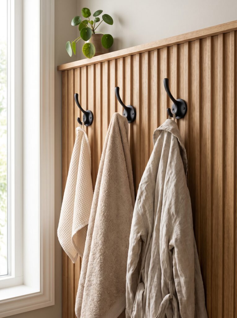 Three matte black double robe hooks on a fluted oak panel wall holding a hand towel, a bath towel and a linen robe