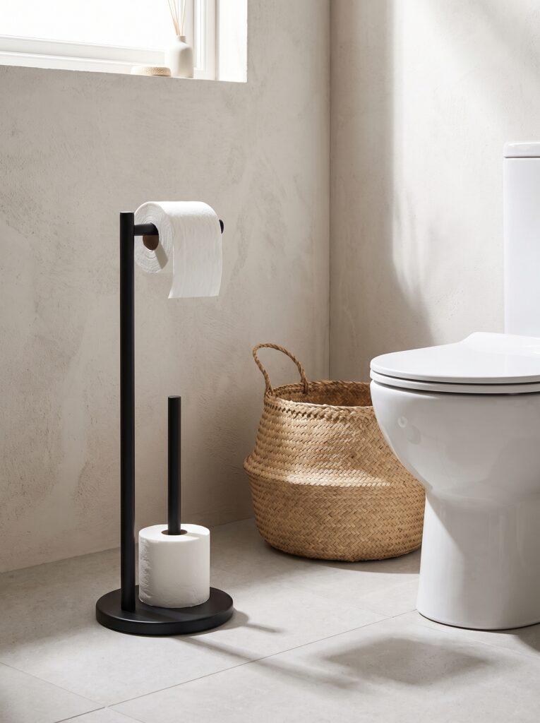 Matte black freestanding toilet paper stand with a spare roll beside a toilet and a woven basket