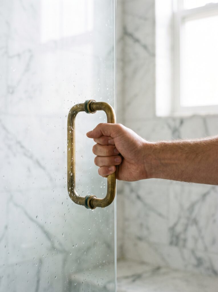 Antique brass back-to-back shower door pull with a hand gripping it on a wet glass door in front of white marble