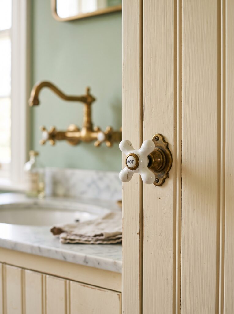 White porcelain and brass cross handle used as a knob on a cream beadboard cabinet door in front of a brass wall-mounted faucet