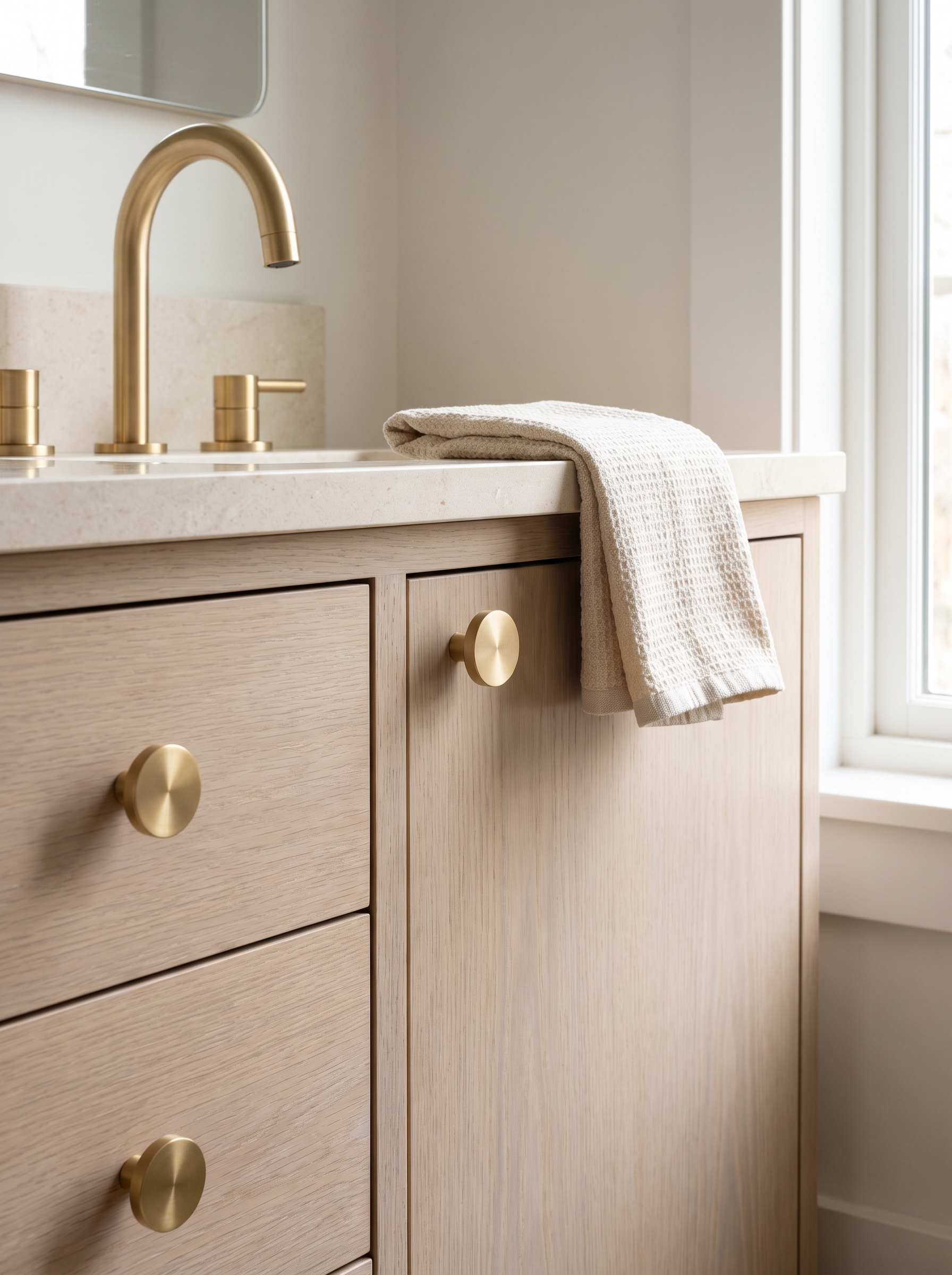 Satin brass knobs on a light oak vanity beside a matching satin brass faucet