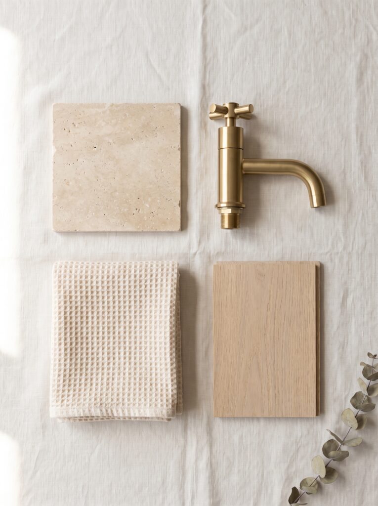 bathroom mood board with travertine tile, brass tap, cream waffle towel and pale oak