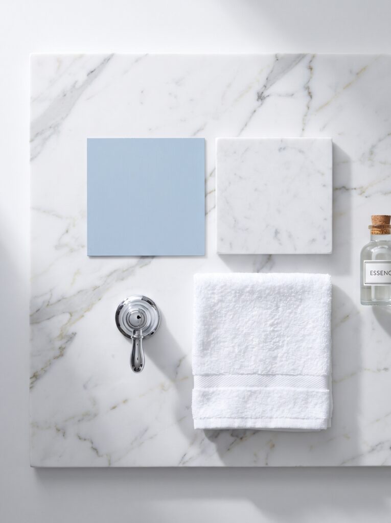 bathroom material palette with powder blue card, white marble tile and chrome tap handle