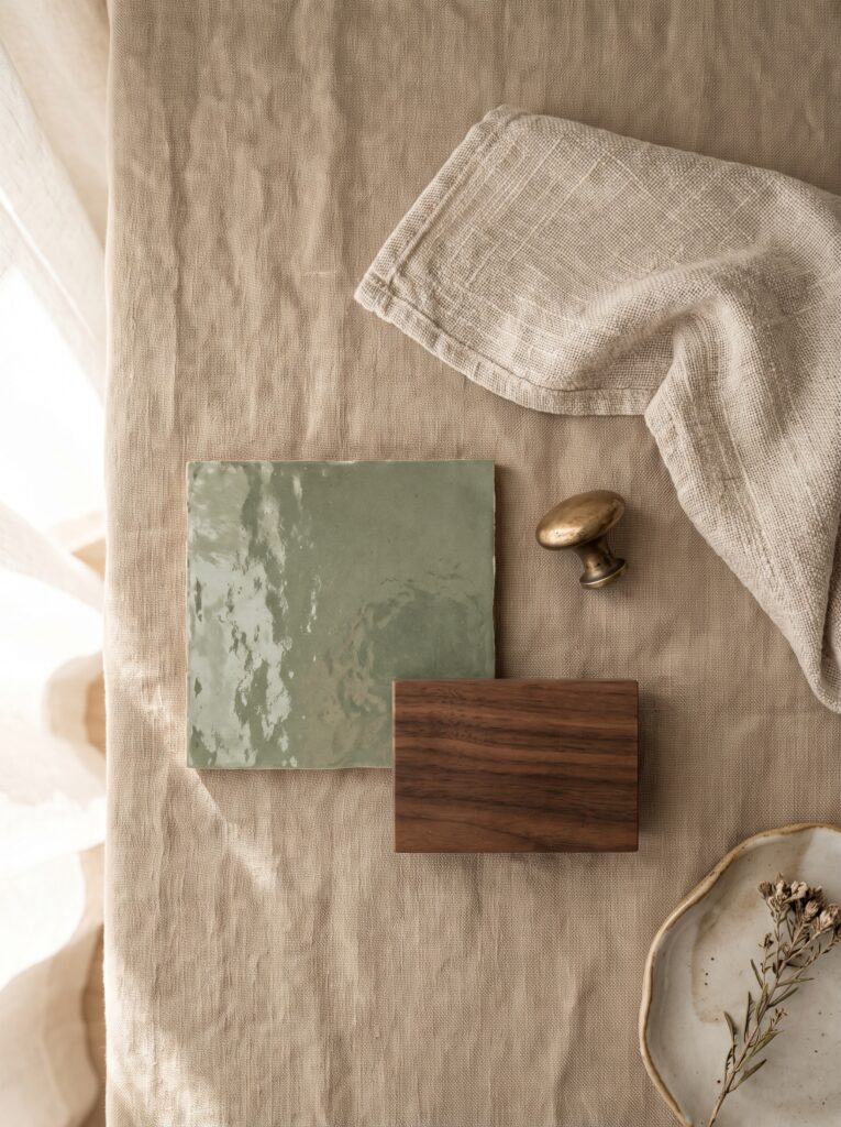 bathroom finishes: sage green zellige tile, walnut block and aged brass knob on linen