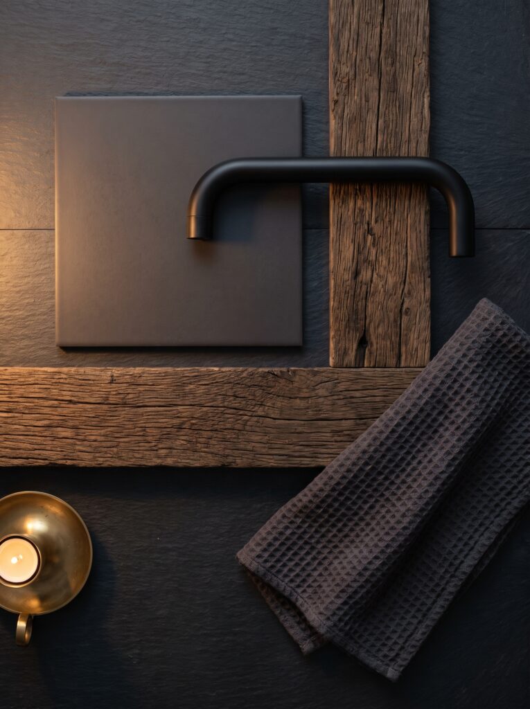 dark bathroom material board with charcoal tile, black tap spout, aged oak and a charcoal towel