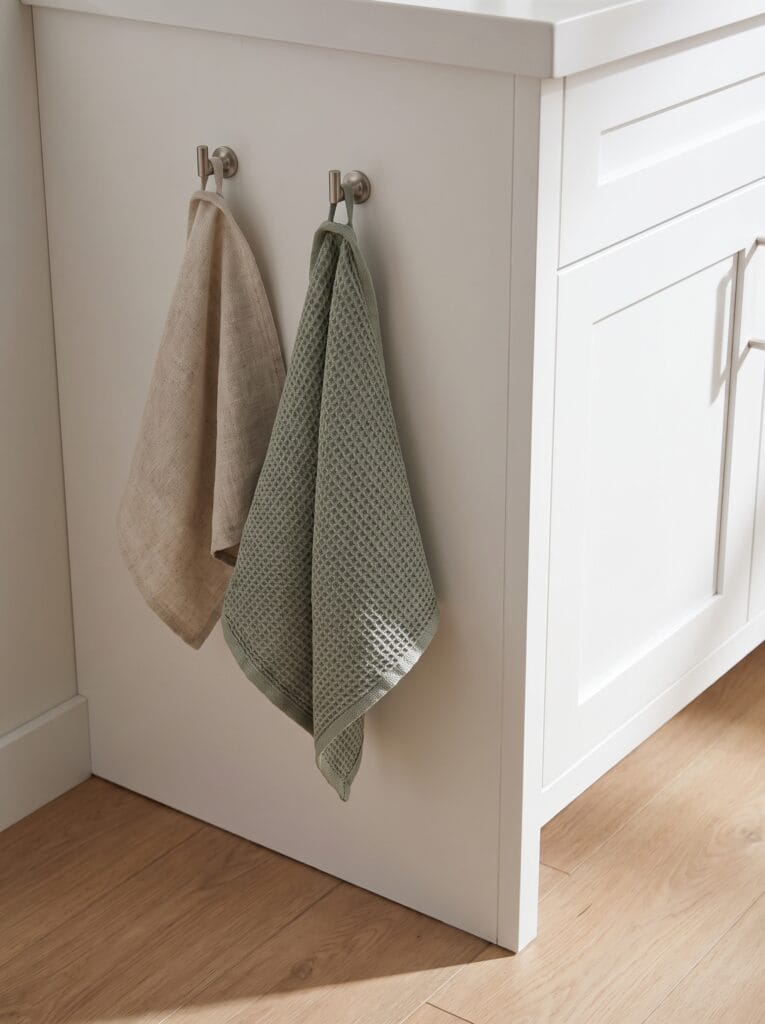 two brushed nickel hooks on the side of a white shaker vanity holding linen and sage towels