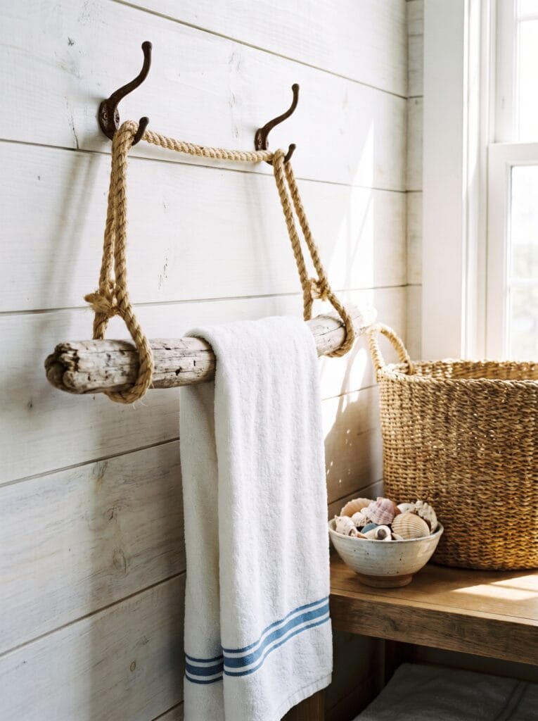 driftwood towel bar hung with natural rope from cast iron hooks on whitewashed shiplap