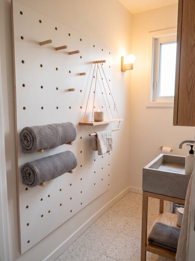 white pegboard wall with wooden pegs holding rolled grey waffle towels