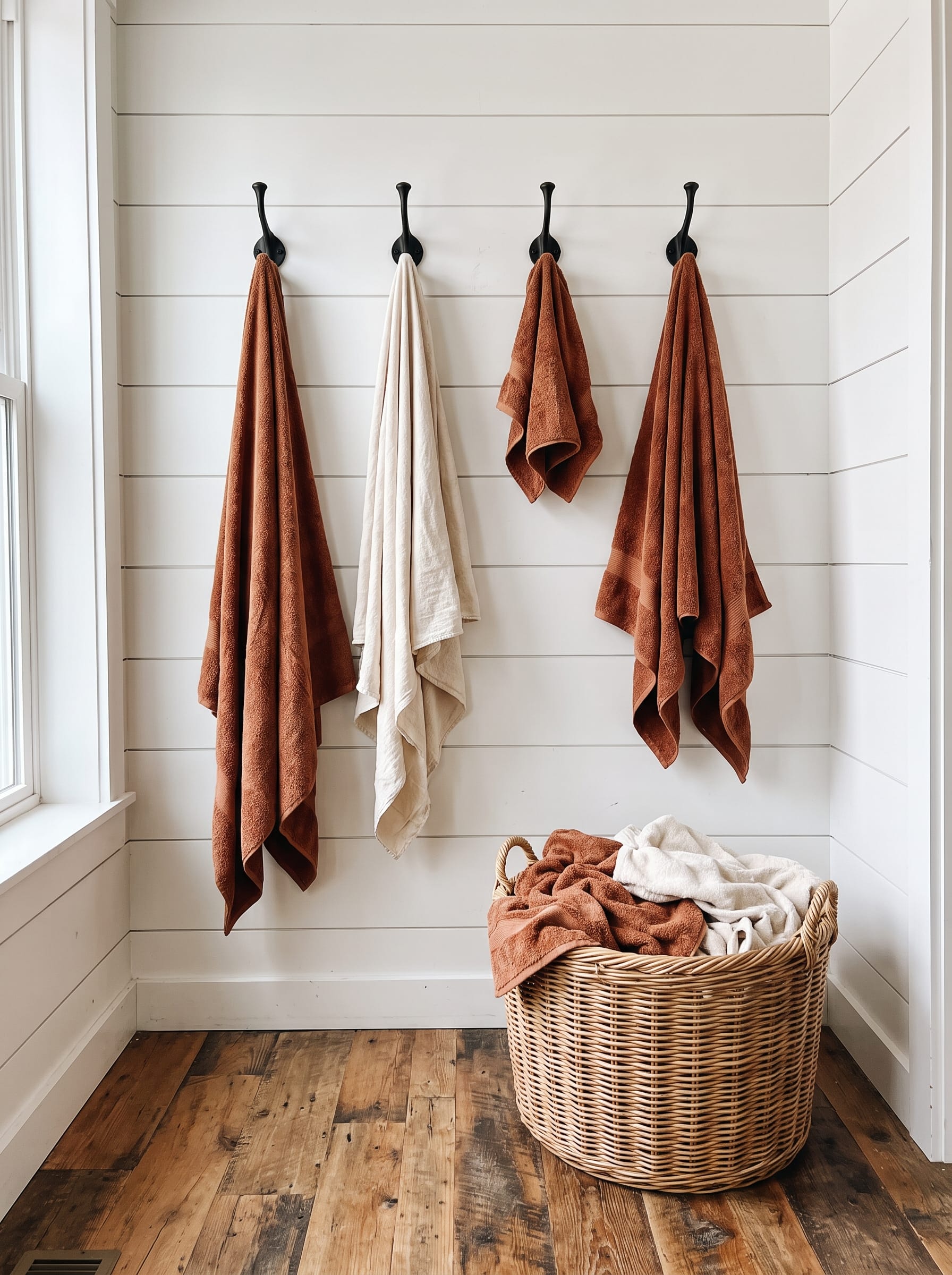 four black hooks on a white shiplap wall holding rust and cream towels above a woven basket