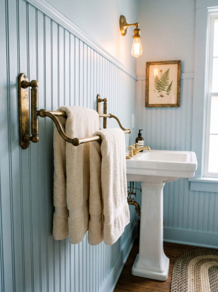 antique brass swing-arm towel bar on pale blue beadboard beside a white pedestal sink
