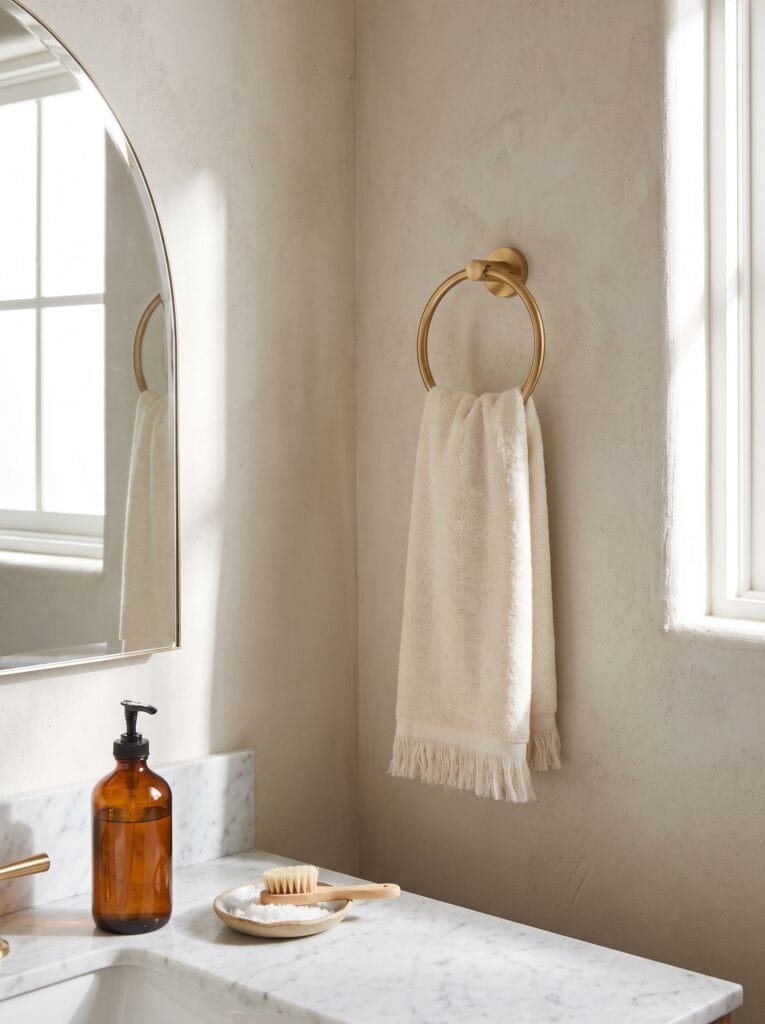 brushed gold towel ring holding an ivory fringed hand towel beside an arched mirror