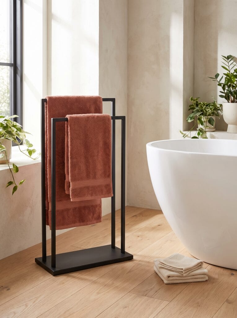 matte black freestanding towel stand holding two terracotta towels beside a white bathtub