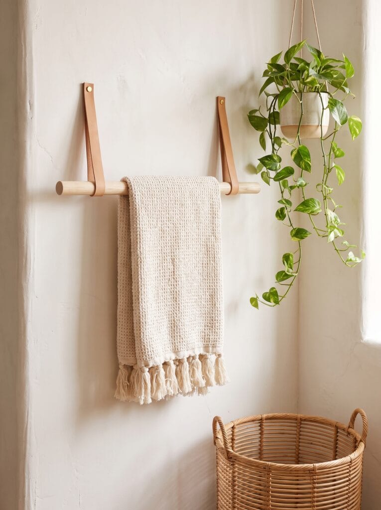 light wood dowel towel rail hung from tan leather straps with a cream tasseled towel