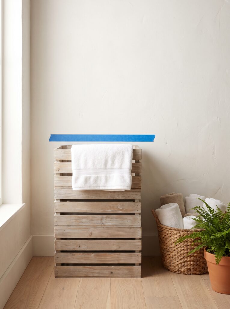Level strip of blue painter's tape on a bathroom wall with stacked wood crates and a towel lined up beneath it as a mock counter
