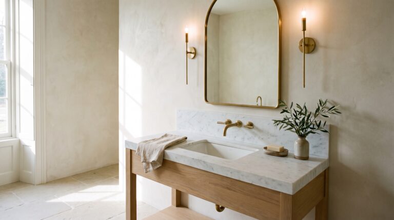 Oak console vanity with a white marble top, brass wall faucet, arched brass mirror and two slim brass sconces in soft morning light