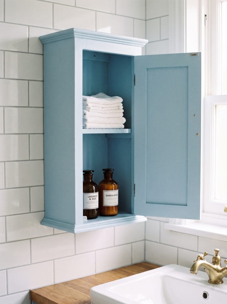 A pale blue wall cabinet mounted on white subway tile, door open to show folded towels and amber apothecary bottles
