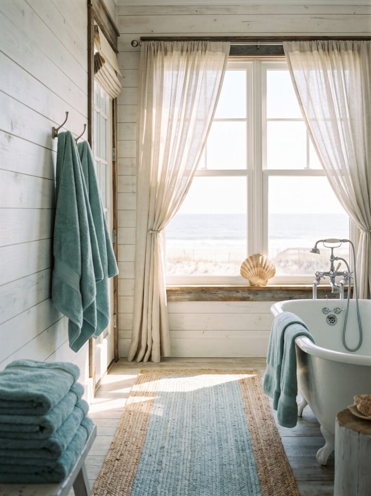 A coastal bathroom with whitewashed shiplap, teal towels on hooks, a jute runner and an ocean view through linen curtains