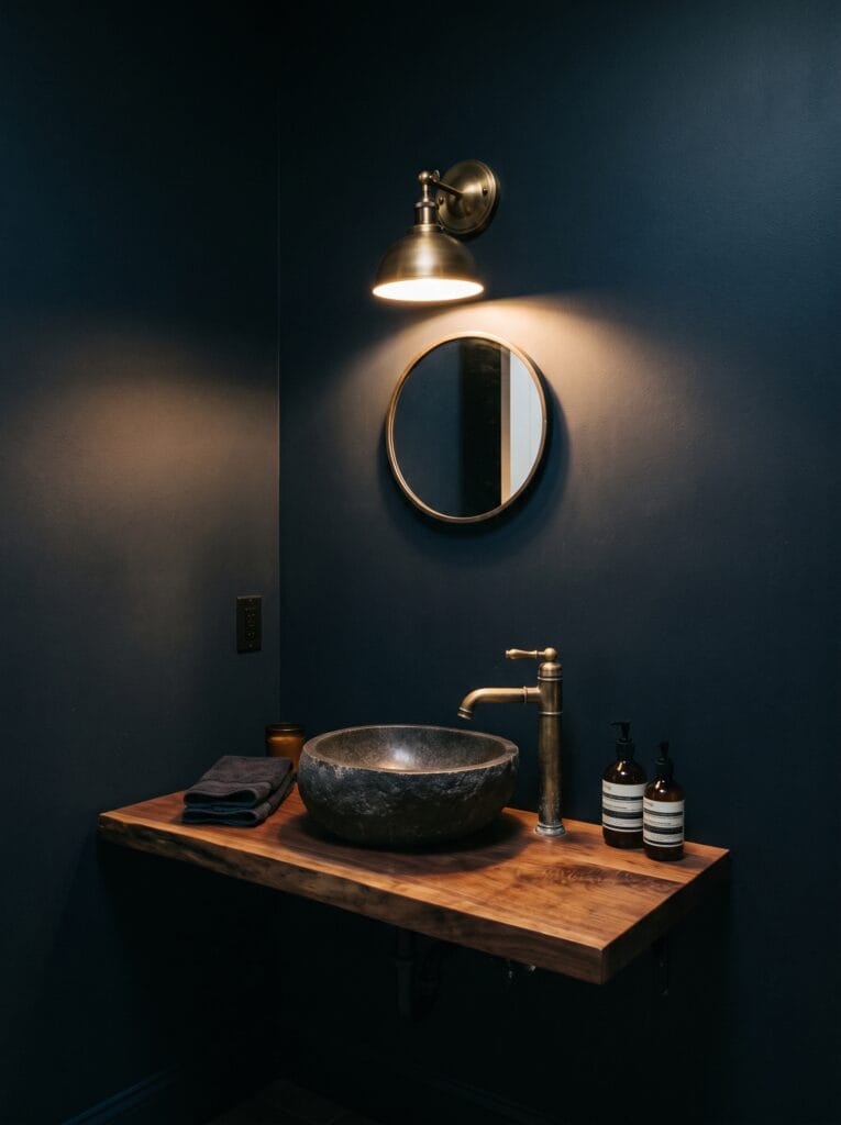 A deep navy powder room with a brass sconce, round mirror, stone vessel basin and a live-edge walnut shelf