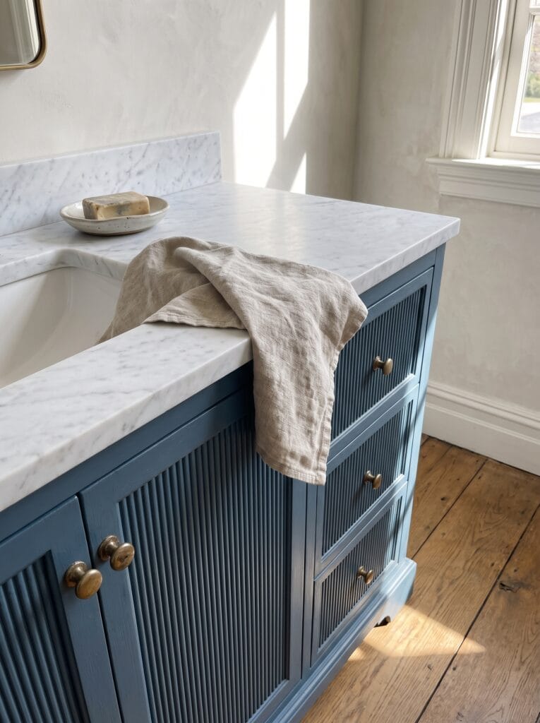 A dusty blue fluted vanity with a marble top, aged brass knobs and a linen towel