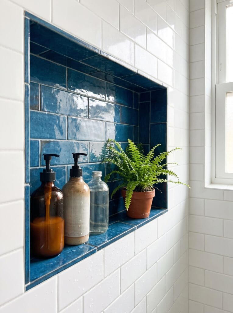 A blue tiled shower niche set into a white subway tile shower wall, holding bottles and a small fern
