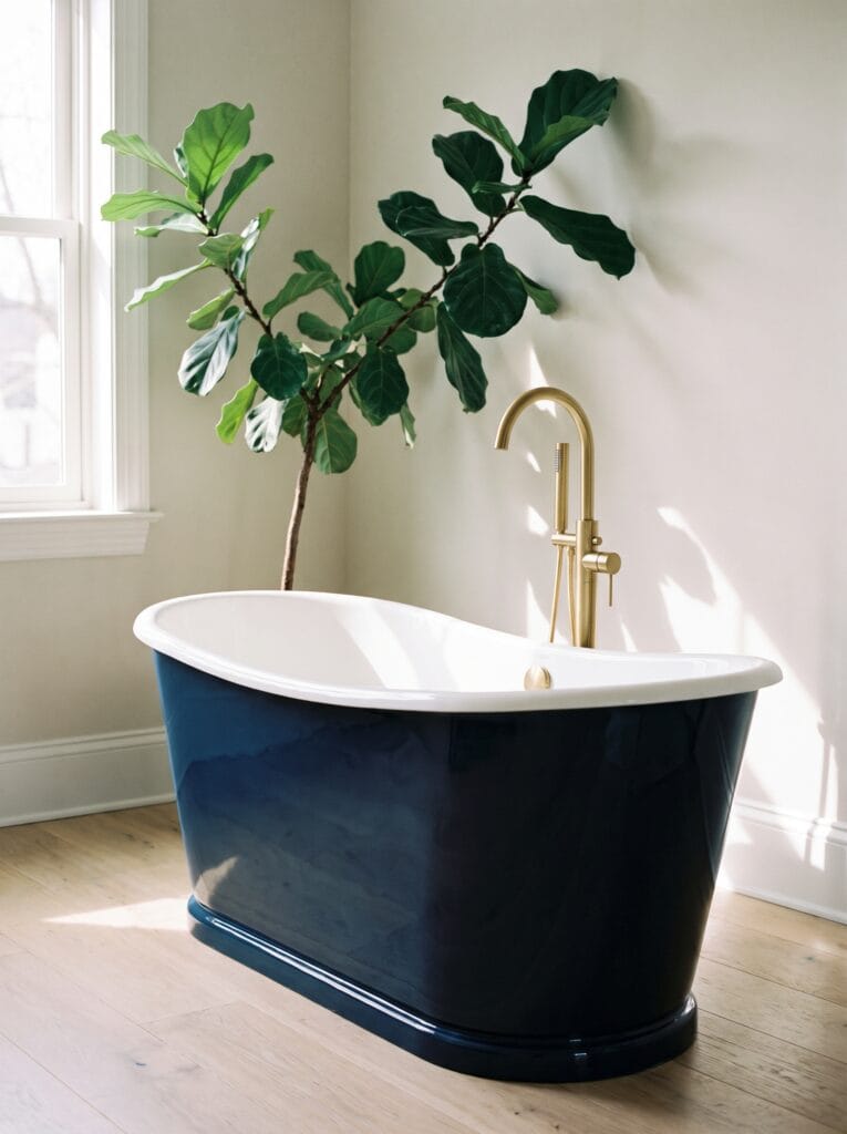 A glossy navy freestanding tub with white interior, brass floor-standing faucet and a fiddle leaf fig against pale walls