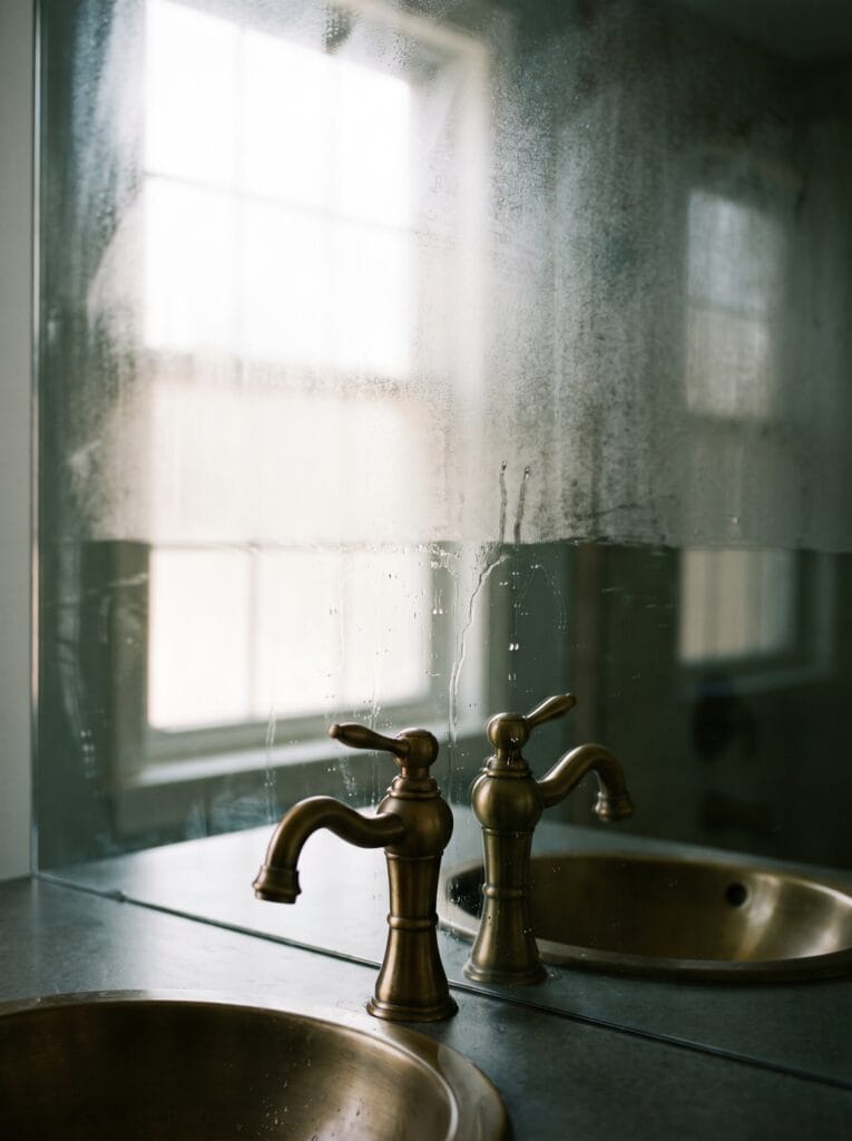 Bathroom condensation clearing from the lower half of a mirror above a brass tap
