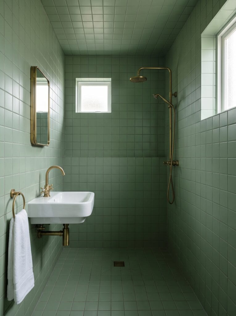 Small bathroom drenched floor to ceiling in sage green square tile