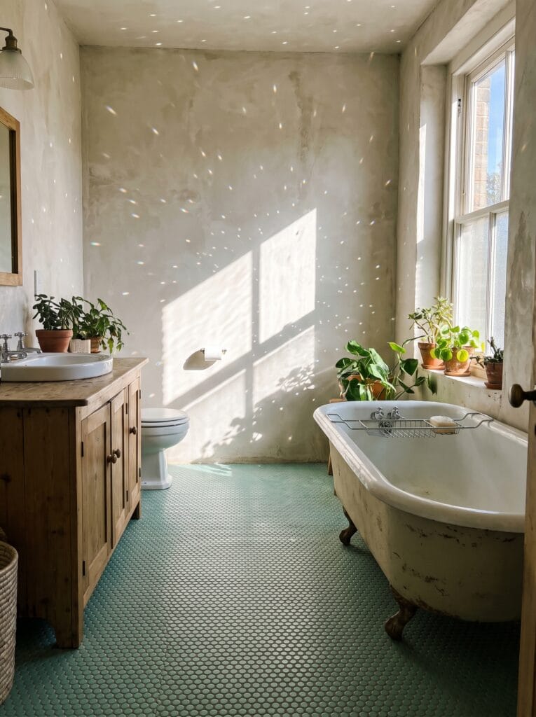 Seafoam green penny round floor tile in a sunlit bathroom with a clawfoot tub