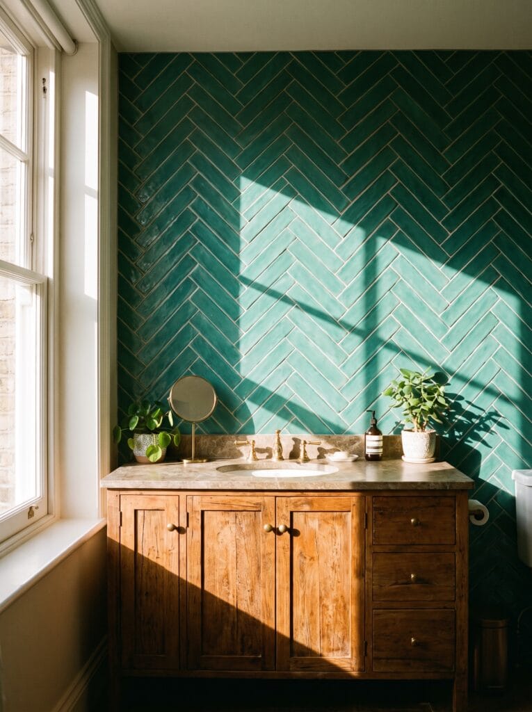 Teal green herringbone tile wall above a reclaimed wood vanity in sunlight