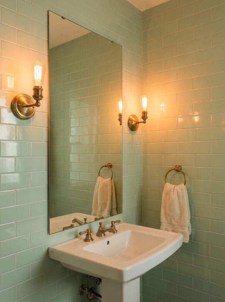 Glossy pale mint subway tile in a windowless powder room lit by brass sconces