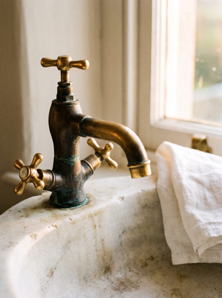 Unlacquered brass bathroom tap showing dark patina and green verdigris around the base