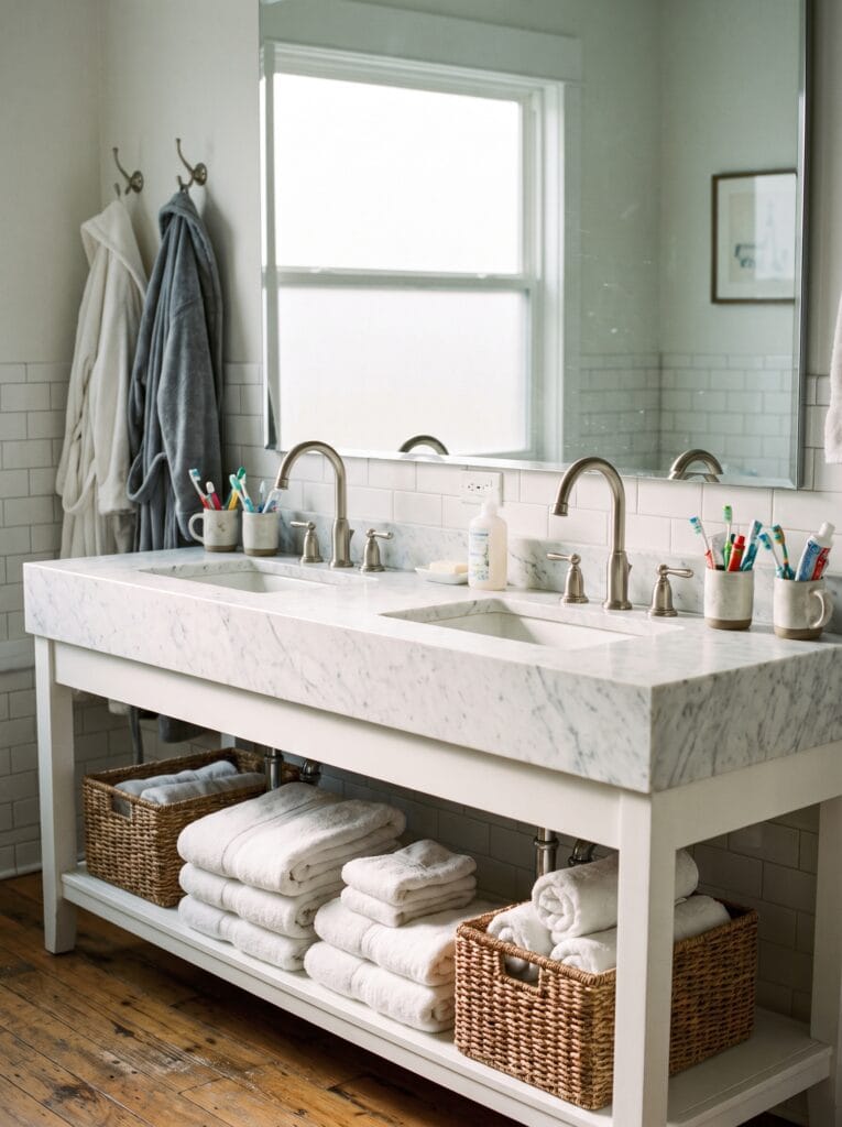 Double bathroom vanity with two brushed nickel taps, two toothbrush cups and folded towels on the shelf below