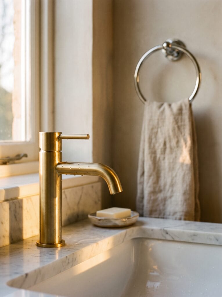 New brushed brass tap on a marble basin with an older polished chrome towel ring on the wall behind it