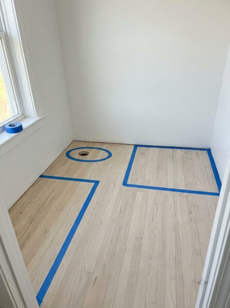Painter's tape marking the outline of a shower, vanity and toilet flange on a bare wood bathroom floor