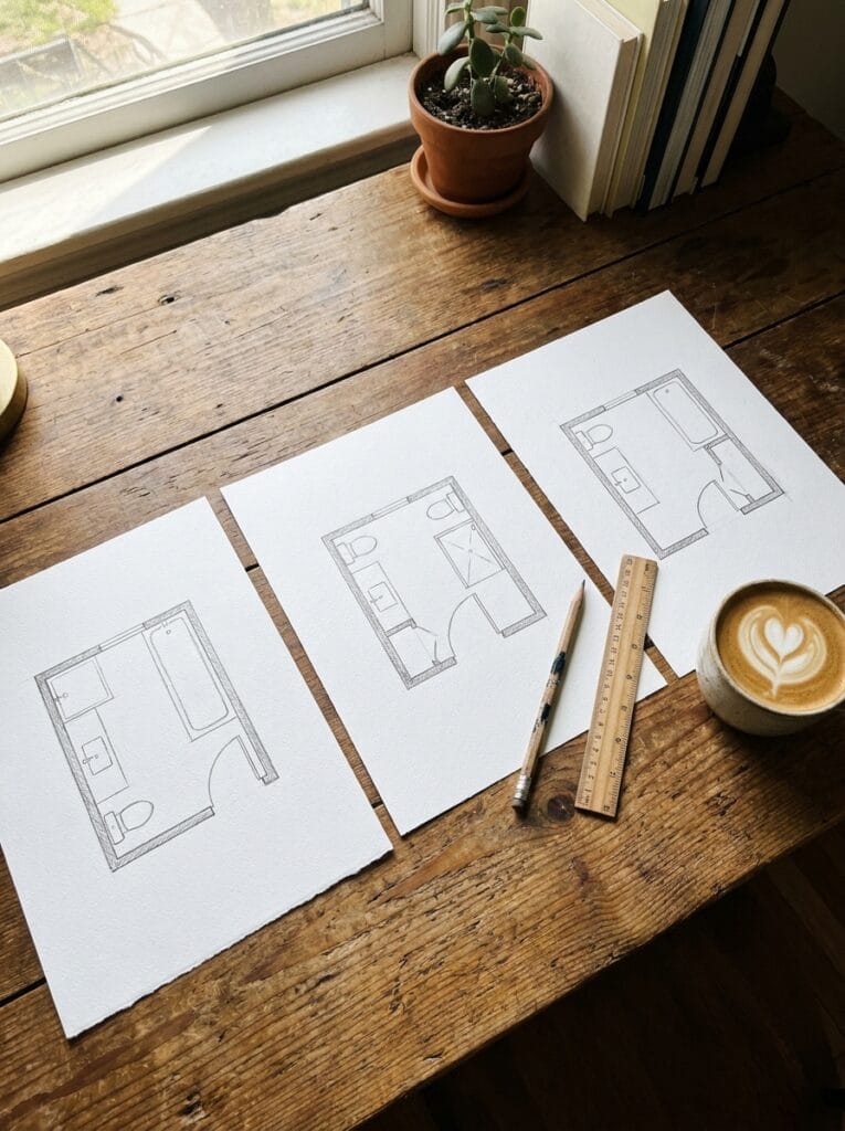 Three hand-drawn bathroom floor plan sketches on a wooden desk with a pencil and ruler
