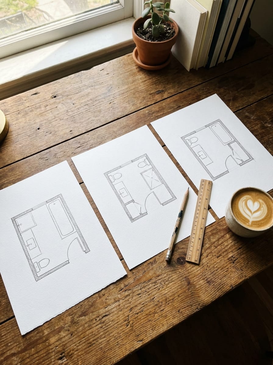Three hand-drawn bathroom floor plan sketches on a wooden desk with a pencil and ruler