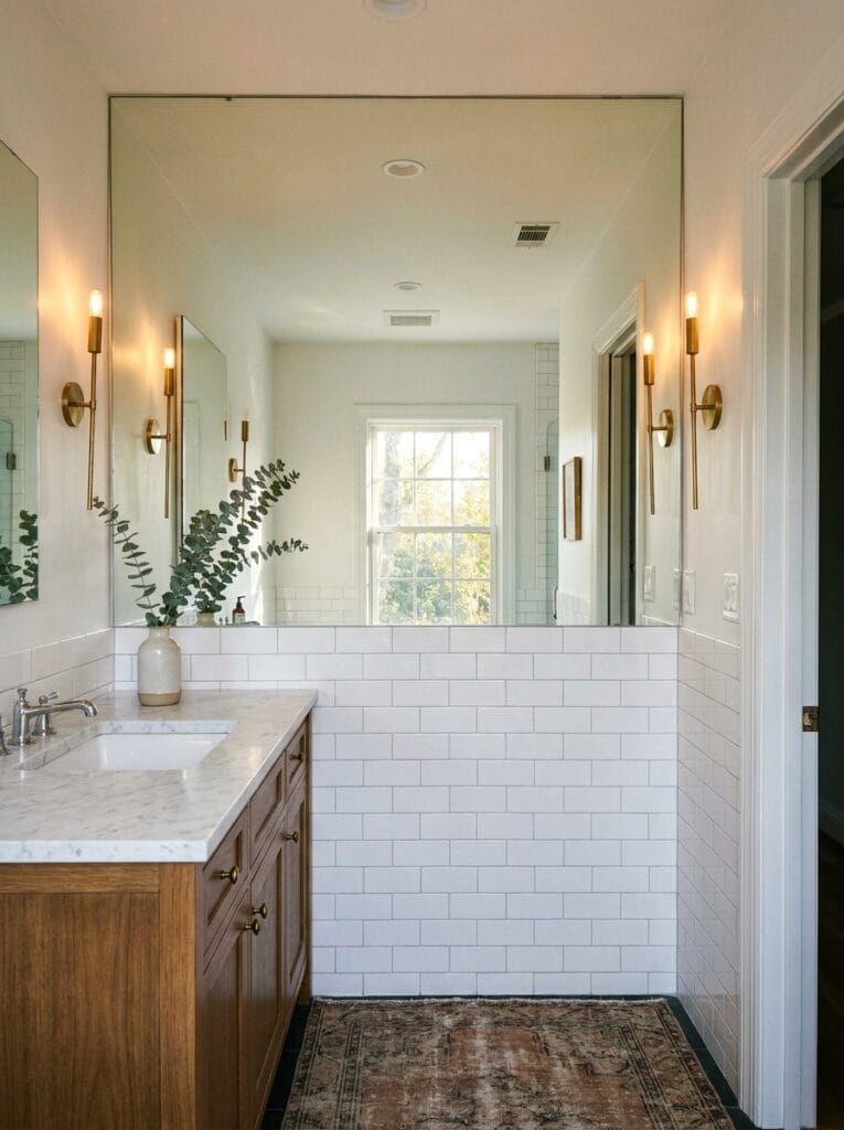 Wide frameless mirror across a vanity wall with brass sconces on each side reflecting a window
