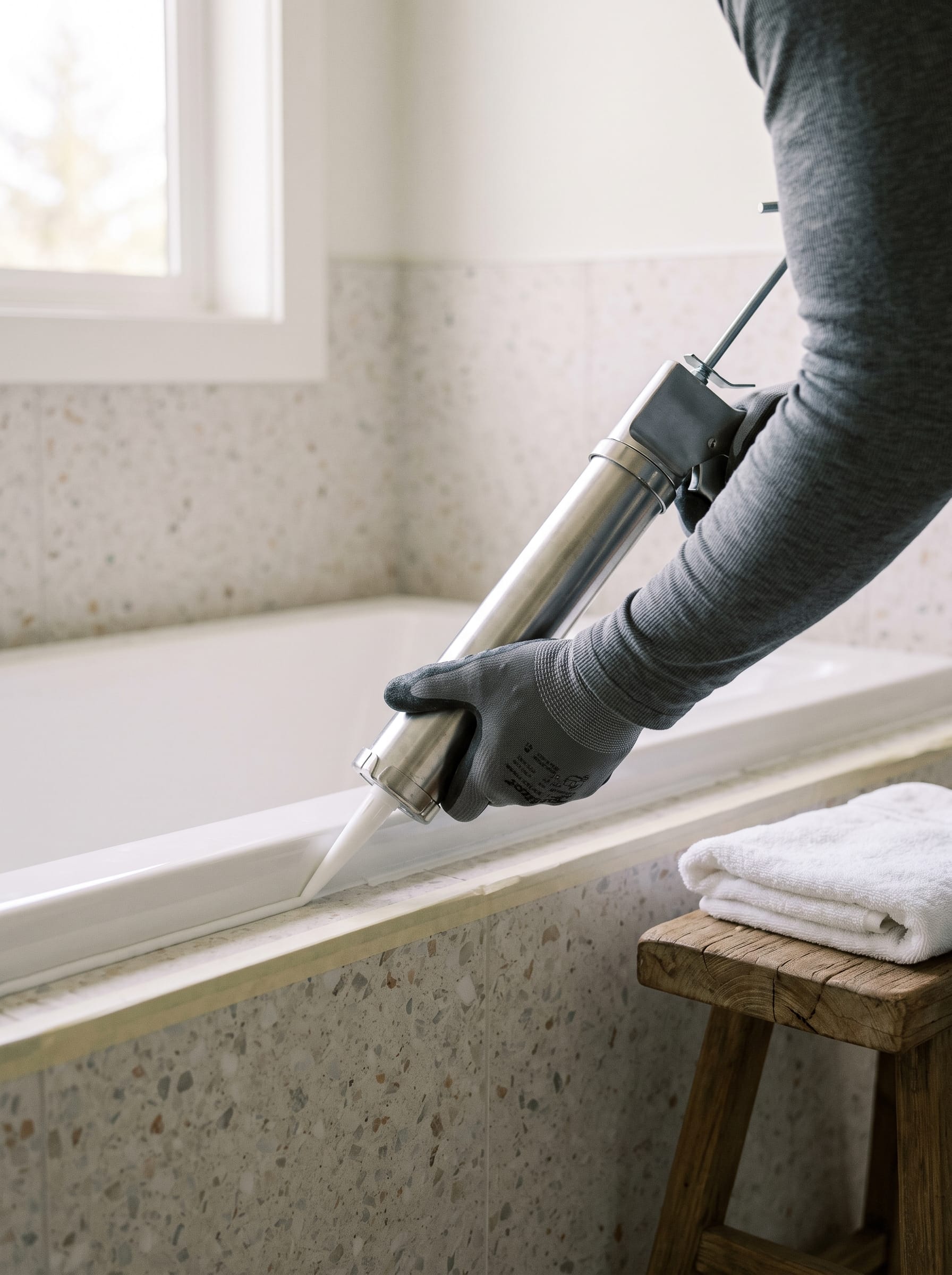 A gloved hand holding a caulk gun and running a bead of white silicone along the edge of a bathtub set in terrazzo tile.
